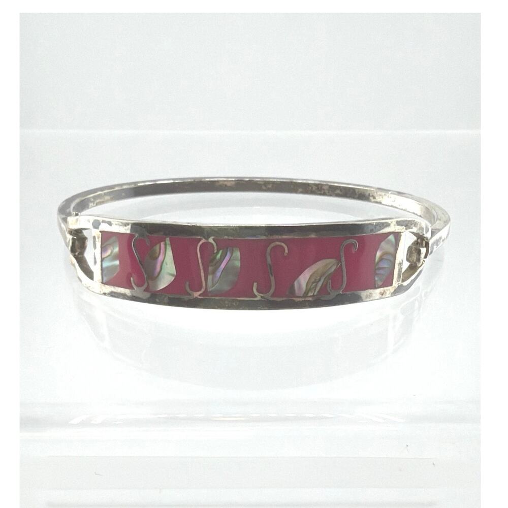 Vintage Mexican Alpaca Silver Pink Abalone Red Enamel Bangle
